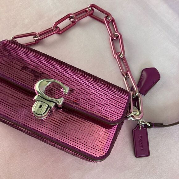 COACH Studio Baguette Shiny Sequin Dark Magenta Shoulder Crossbody Bag - Picture 1 of 6